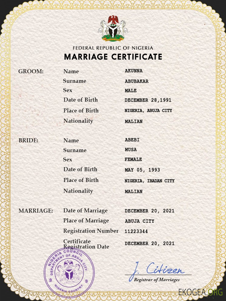 Modèle PSD de certificat de mariage du Nigeria